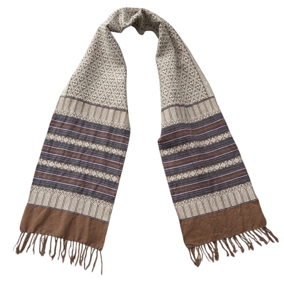 Vintage Handmade Scarf Hand Crafted Woven Fringe Cotton Off White Cream Tan Gray